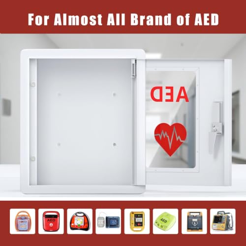 Image of AED Cabinet Wall Mount Storage Cabinet 14.2 x 7.1 x 15.7 Inches Industrial Grade Steel Metal Plate See Through Window Wall Mounted Fits Most Brands of AED Defibrillators