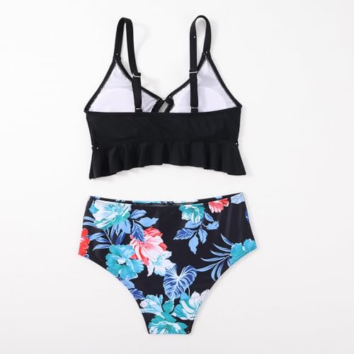 Image of ESHOWEE Girls Swimsuits 2 Piece Bathing Suit Set Toddler Ruffle Tank Top Front Cutout Beach Summer Bikini Swimwear 2-12Y