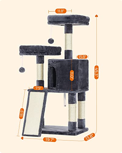 Image of Feandrea Cat Tree, 45.3-Inch Cat Tower, Plush Condo Scratching Post, Gray | 45.3-Inch Cat Tower, Plush Condo with Scratching Post, Ramp, Perch, Spacious Cave, Smoky Gray