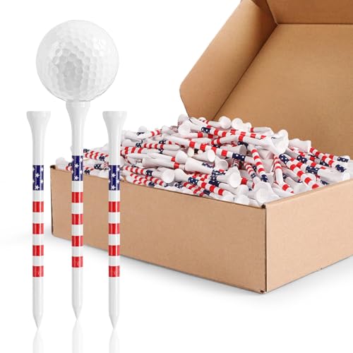 GKandi Golf Tees Wood Long 4 Inch Value 200 Pack Stylish USA Flag & White Pink Bright Colors Tall Tees with Striped Design for Consistent Height & High Visibility (USA Flag 200Count(4 Inch))