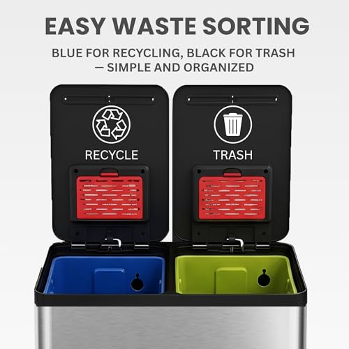 Image of iTouchless 16 Gallon / 60L Dual Kitchen Trash Can & Recycle Bin, 2x8 Gal Removable Buckets, Soft-Close Stainless Steel Step Pedal, Fingerprint-Resistant, AbsorbX Odor Filter - Brushed Silver