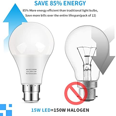 Eastiya B22 Bayonet Light Bulb, 15W Energy Saving Bulbs Equivalent to 150W Incandescent Bulbs, 1500LM Super Bright LED Bulb, 6000K Cool White A60 GLS Frosted BC Bulbs, Pack of 12