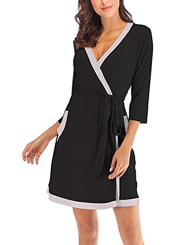 MINTLIMIT Women Plus Size Kimono Robes Cotton Knee Length Robe Knit Bathrobe Soft Sleepwear Ladies Loungewear Black S