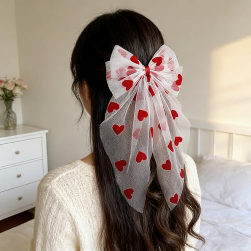 Lazos de cabello Valentine rojo con clip grande con largas colas, malla blanca y corazón rojo, listón de cabello en forma de corazón para mujeres y niñas miniatura 6
