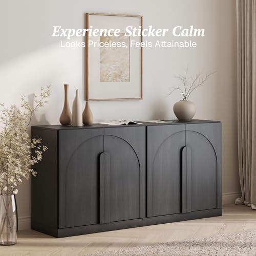 Image of BELLEZE Set of 2 Modern Sideboard Buffet Cabinets (63 inch Wide)-Large Sideboard Credenza with Arched Doors-Seamless Hidden Organization Console for Living Area-Ebony