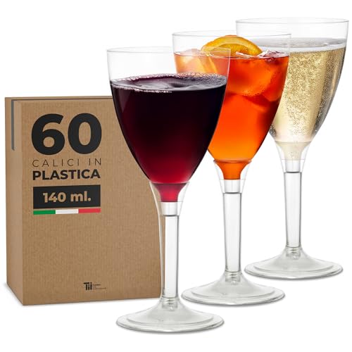 TUNDRA - Confezione 60 Calici Plastica da VINO, ACQUA | USA & RI-USA | 140 ml. in PLASTICA RIGIDA Senza BPA - Resistenti e Riutilizzabili - Bicchieri da Vino per Feste, Compleanni