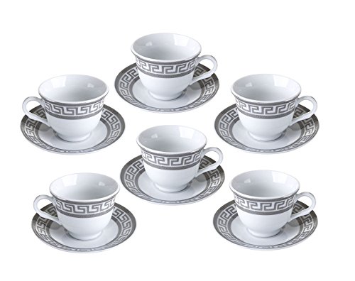 Euro Porcelain 17-Pc. Vintage 'Silver Greek Key' Tea Cup Coffee Set, Complete Service For 6 #TOP1