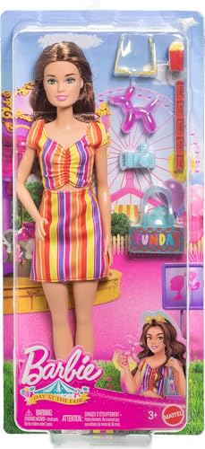Image of Barbie Day at The Fair Doll & Accessory Set with Camera, Balloon Dog & More, Fashionable Festival-Themed Outfit with Pink Overalls Skirt