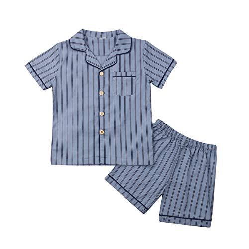Toddler Kids Boys Girls Striped Pajamas Sets Pjs Shirts & Shorts 2 Piece Sleepwear Summer Nightwear Outfits (Light Blue-Cotton, 5-6X)
