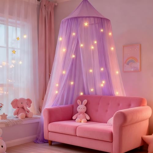 Image of Princess Pink Purple Bed Canopy with Glow in The Dark Stars,X-Large Two-Tone Bed Canopy for Girls Bed Net,Princess Canopy for Kids Bed Room Decor