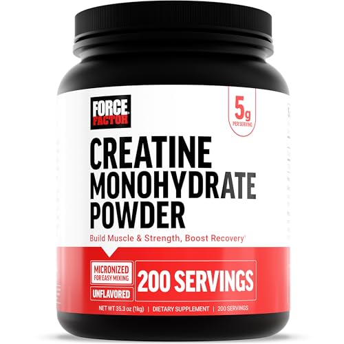 Force Factor Creatine Monohydrate Powder, 5g Micronized Dose to Support Muscle Growth, Strength, Recovery, Cognitive Health & Memory, Unflavored, 200 Servings