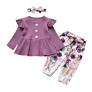 Fupality Baby-Kleidung Langarm-Rüschen-Top + Blumenhose + Bogen-Stirnband 3-teiliges Outfit-Set