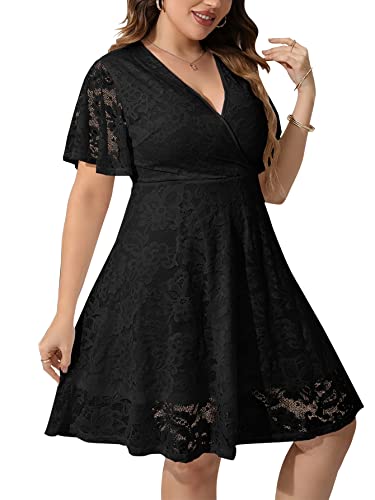 SCOMCHIC Vestido feminino plus size de renda para coquetel, gola V, manga curta, rodado, evasê, vestido midi para convidados de casamento