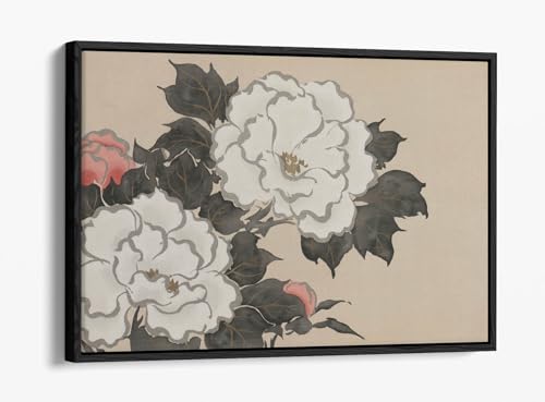 Impression sur toile Peonies de Kamisaka Sekka avec cadre flottant noir 76x50 cm