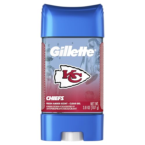 Image of Gillette Kansas City Chiefs Antiperspirant and Deodorant, 72hr Instant Sweat & Odor Protection, Long Lasting Freshness & Protection, Anti-White Mark Technology, Clear Gel, Fresh Amber Scent, 3.8 oz