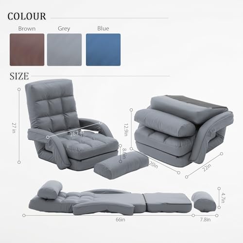 Image of Floor Chair for Adults with Back Support, 14-Position Adjustable Floor Sofa with Pillow & Armrests, Faux Leather Floor Lounger Chair for Gaming, Reading & Living Room (Grey)