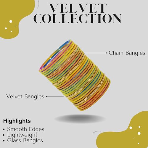 Image of NMII Glass Bangles For Women and Girls with Velvet and Golden Ballchain Linked | Plain Glass Bangles | Velvet Chudi Set | Bangles For Women | Stylish Glass Chudi Bangles- Set of 28