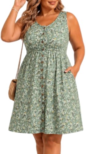 Image of Holipick Women's Plus Size Summer Dresses for Women Casual Dress with Pockets A-Line Swing Button Down Sleeveless V Neck