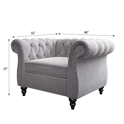 Image of Chesterfield Chair, Modern Velvet Tufted Accent Sofa Couch Chair with Scroll Arms and Nailhead for Living Room, Bedroom, Office, Apartment (Grey)