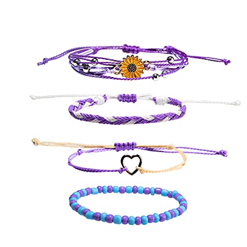 Colorful Bling 4-Piece Summer Surf Anklet Bracelet Adjustable Chain Braided Rope Bracelet Sunflower Heart Beads Friendship Bracelet Beach Surf Jewelry Girl-C Purple #TOP13