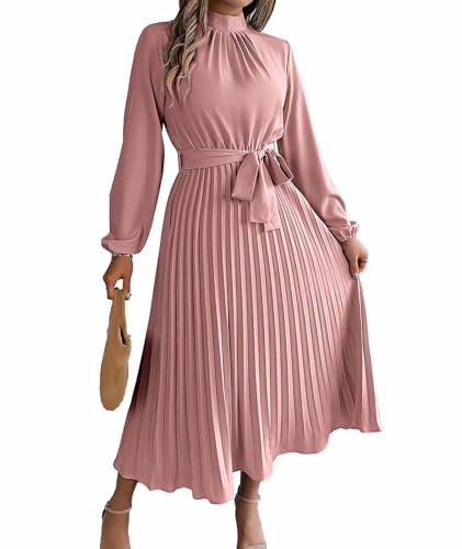 Sexyshine Women's Mock Neck Long Sleeve Pleated Chiffon Long Dress High Waist Belted Flowy A Line Cocktail Party Dress