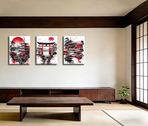 Image of Frimeeme 3 Pieces Japanese Canvas Wall Art,12x16 Inch Each | Japanese Landscape Painting Prints, Red and Black Cherry Blossom Trees Building Pictures, Living Room Office Decor