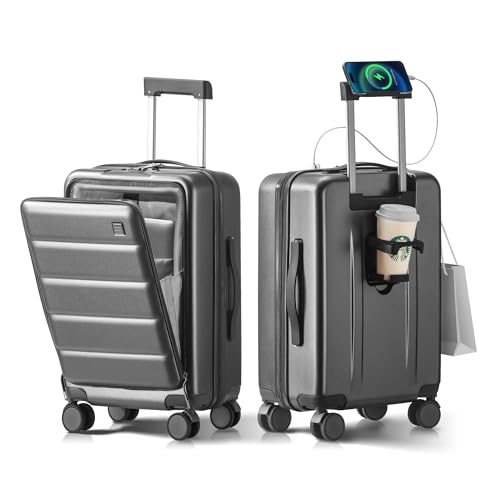 ISLAND ELEPHANT 20 IN Carry On Luggage 22x14x9 Airline Approved - Front Pocket Hardside Travel Suitcase Unbreakable -with Cup Holder,Charging Port,Side Pothook, 360°Spinner Wheels, TSA Lock-Grey