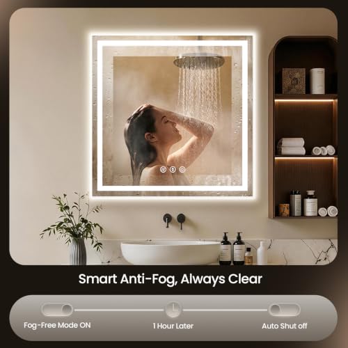 Image of 36x36 LED Bathroom Mirror with Anti-Fog, Backlit & Front Lit, Memory | Stepless Dimmable 3 Color CRI 95+ Shatterproof Tempered Glass ETL Listed for Safety Lighted Bathroom Vanity Mirror for Wall