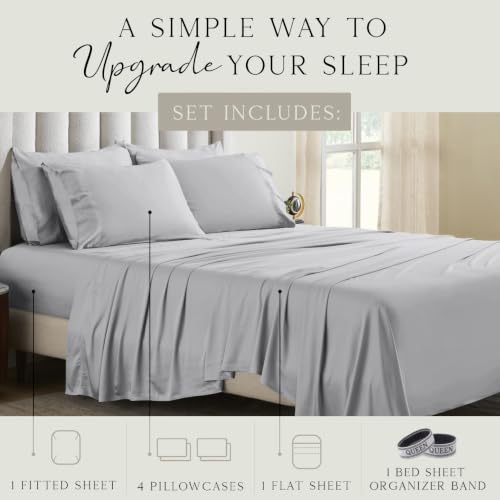 Image of KARISSA MAE 6 Piece Luxury Bamboo Viscose Queen Sheet Set, 4 Pillowcases | FSC Certified | Cooling | Ultra Soft | 18 inch Deep Pockets | Elastic Corner Straps | Includes Organizer Band [Grey Mist]