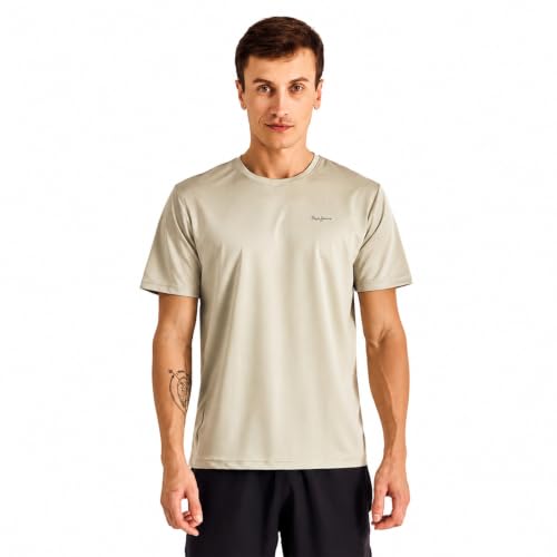 Image of Pepe Jeans Men's Solid Polyester Regular Fit T-Shirt | Lightweight Quick-Dry Athleisure Tee for Sports, Gym & Casual Wear | Moisture-Wicking Fabric | Round Neck | Short Sleeves | Active Comfort