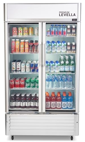 Image of PremiumLevella PRN165DX Glass Door Display Refrigerator 16 cu ft Commercial Beverage Cooler Merchandiser With Customizable Lightbox - Silver