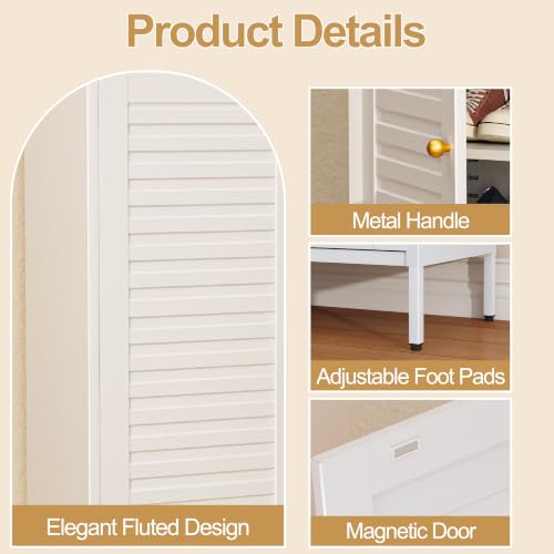 Image of 40 inch Kitchen Pantry Cabinet, Entryway Storage Cabinet, White | Heavy Duty Metal, Fluted Doors, 3 Adjustable Shelves, 5-Tier, Modern, Multi-Purpose for Living Room, Office, Apartment
