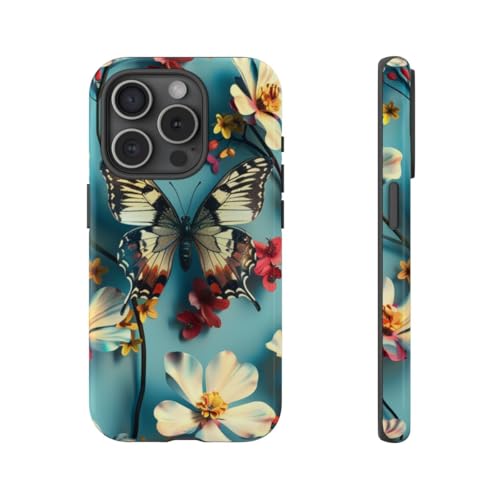 Coque iPhone 15 Pro brillante et rigide avec motif papillon floral bleu haute définition