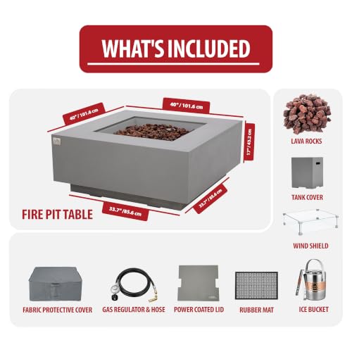 Image of AMS Creations | Brooklyn 40 inch Bundle Square Propane Gas Outdoor Fire Pit Table | Light Gray Concrete GFRC Smooth Texture Surface Fire Pit Table