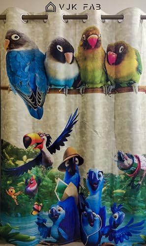 Image of 3D Printed Cartoon Birds Rio Move Theme Curtains for Kids Room, School, Kids Care Home, Window, Door 4x7 feet Long Set of 2 Pc