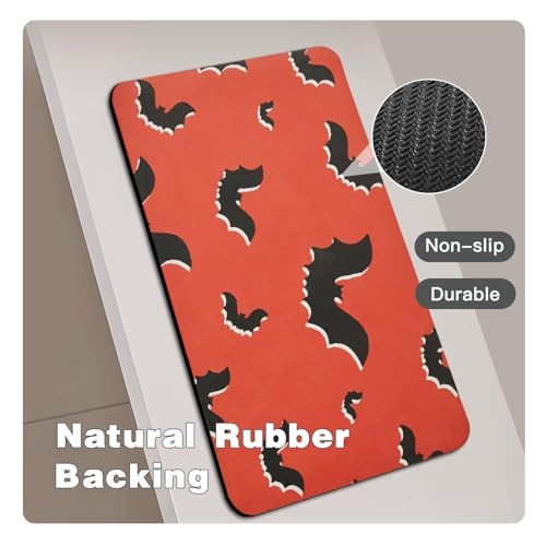 Halloween Bath Mat, Thin Halloween Bathroom Rug Non Slip Quick Dry Bat Bath Mat Fits Under Door Thin Floor Mat Halloween Decor, 24''x36'', Gothic Bats Orange