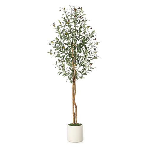 Artificial Olive Tree 5ft,Faux Plant with White Pot, Floor Fake Plants with Natural Wood Trunk and Fruits, Artificial Trees Indoor for Home Decor
