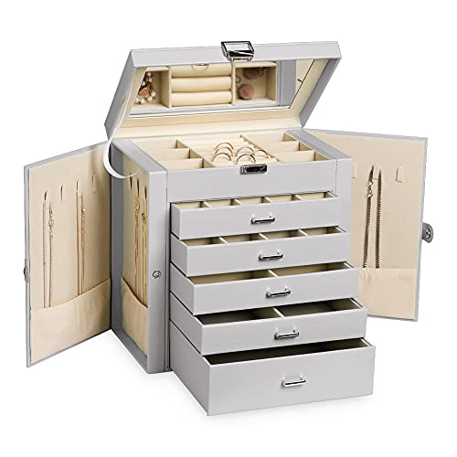 Frebeauty Large Jewelry Box,6-Tier PU Leather Jewelry Organizer with Lock,Multi-functional Storage Case with Mirror,Accessories Holder with 5 Drawers for Earrings Necklace Bracelets Watches and Sunglasses for Women Girls(Grey)