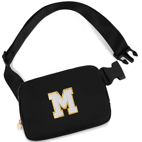Uygafly Fashion Waist Packs Cute Teen Trendy Stuff Travel Essentials,Birthday Gifts for 6 7 8 9 10 11 12 13 Year Old Girl,Fanny Pack Crossbody Bags for Girls Kids,Initial White M,Black Bag