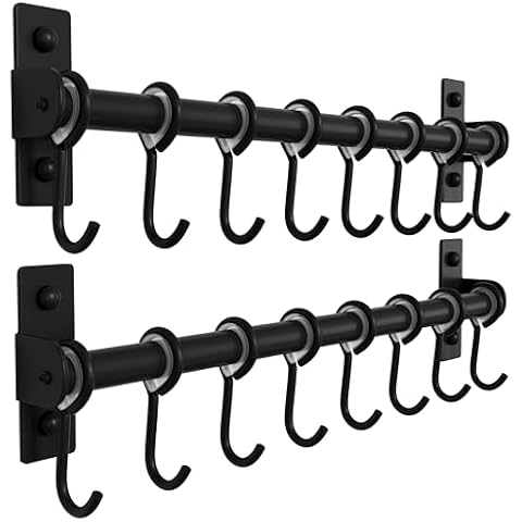Dseap Kitchen Hooks for Hanging Utensils, Hanging Pot Rack, Kitchen Utensil Hanger Rail with 8 Hooks for Pots Pans, Spoons, Mugs, Wall Mounted, Stainless Steel, Black, Pack of 2 Cover