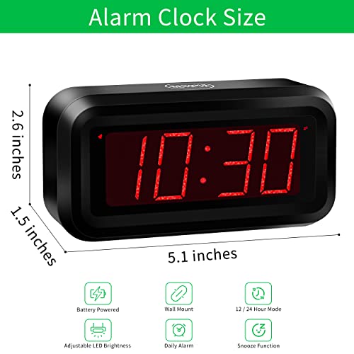 Kwanwa Digital Clock, Battery Operated Clock, Cordless, Small Led Clock, 1.2'' Sparkling Red Led Number Display, Snooze, Alarm Clock For Heavy Sleepers, Clock For Bedroom Bathroom Kitchen #TOP1