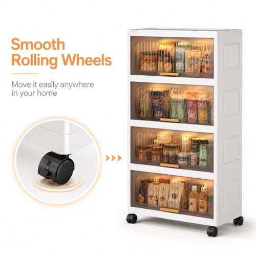Image of KRISHYAM Modular Plastic Storage Cabinet with Translucent Doors & Wheels | Multi-Tier Clothes & Utility Organizer | Dustproof Freestanding Wardrobe (4 Layer - 4 Door (White))