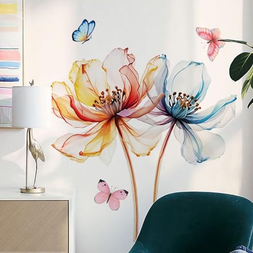 Large Flowers Wall Decals Butterfly Watercolor Floral Wall Stickers Murals for Bedroom Living Room Nursery Office Home Decor
