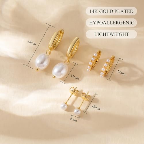 OOOPEL 3 Pairs Stackable Gold Hoop Earrings Set for Women 14K Gold Plated Earring Stacks CZ Heart Pearl Rhombus Bow Four Leaf Star Huggie Earrings for Women Trendy Jewelry4