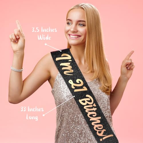Image of PartyForever 21st Birthday Decorations for Her RIP FAKE ID Banner with Supplies Big Set with and 21 BDay Digit Balloons for Women with Black Glitter Sash