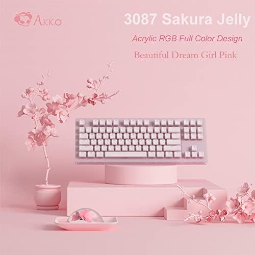 Akko 3087 Sakura Jelly Mechanical Keyboard with Cherry Red Switches, 18 RGB Lighting, Transparent Acrylic Case, PBT Pudding Keycaps, 80% Layout Pink TKL Keyboard for Girls Gift