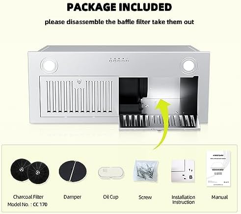 FIREGAS Range Hood Insert 30 inch, Built-in Kitchen Hood with 600 CFM, Ducted/Ductless Convertible Kitchen Vent Hood, Stainless Steel Stove Hood with Push Button, Baffle Filters and Charcoal Filters — view 6