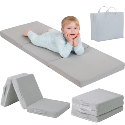 Tiita Toddler Foldable Floor Mattress, Small Floor Nap Mat for Sleeping Daycare, Trifold Kids Futon Mattress, Portable Tri Folding Mattress for Girls and Boys, Plush Grey