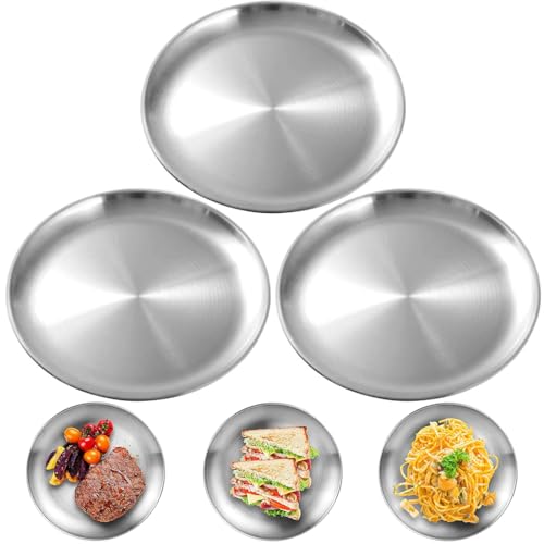 Duoleimi Set de Platos de Acero Inoxidable 3 Piezas, Platos Redondos de 20 cm, Color Plata, vajilla Resistente para Camping, al Aire Libre, Cocina y Fiestas.