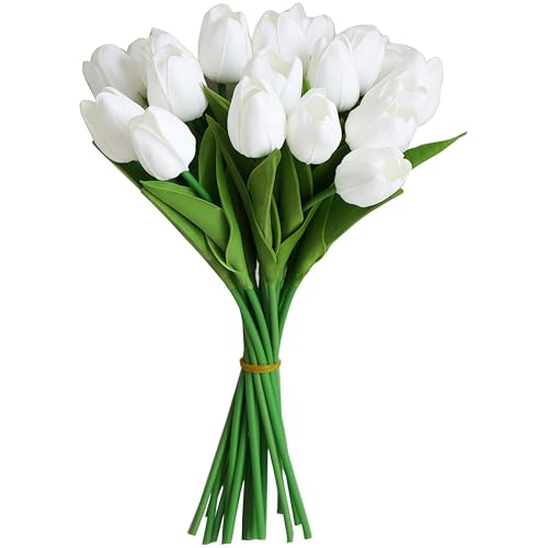 FUNZON 20 PCS Tulips Artificial Flowers Real Touch Fake Flowers White Artificial Tulips That Look Real Wedding Decorations Mothers Day Easter Gifts (20 White)
